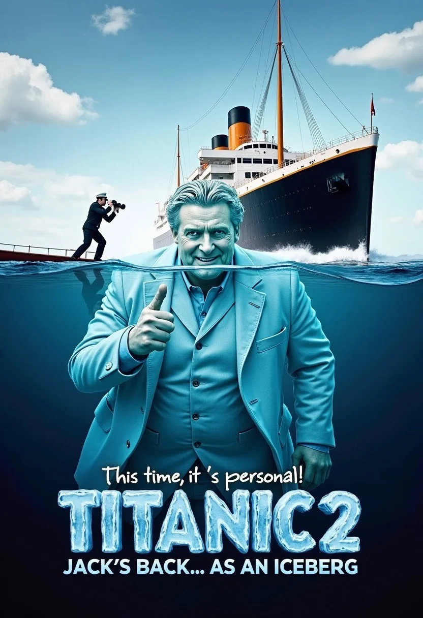 The poster shows a giant iceberg in the shape of Jack from Titanic, complete with his iconic hairstyle and outfit. He’s floating in the icy ocean, looking very confused and trying to give a thumbs-up with his frozen “ice hand.” In the background, the grand Titanic is sailing straight toward him again, but this time, Jack's ice face looks determined to "save" the ship from hitting him.
Meanwhile, a bewildered crew member is leaning out over the ship’s railing, holding binoculars with wide eyes. The tagline at the top reads, "This time, it’s personal!" and at the bottom, the title appears in dramatic, icy letters: "Titanic 2: Jack's Back... as an Iceberg!"