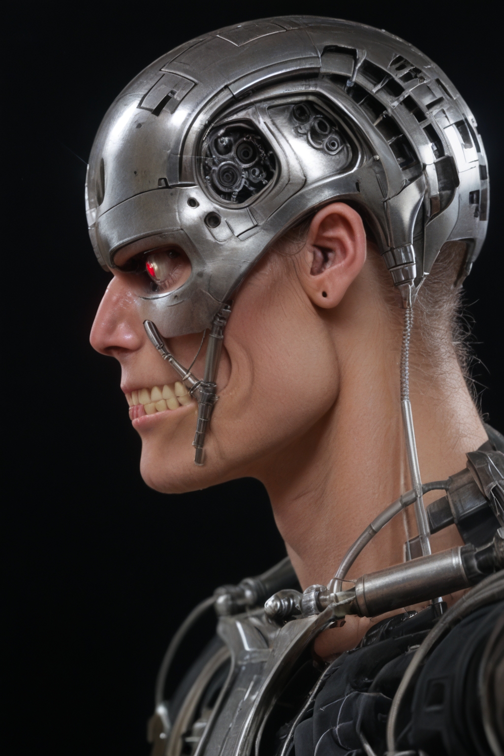 T800_Endo, Terminator robot, score_9, score_8_up, score_7_up, (source_IRL, source_movie), cinematic, realistic, masterpiece, high quality, highres RAW photo, ((extreme close-up, close-up shot, close-up head shot, side profile view, from the side))
a T800_Endo Terminator Robot with red eyes, he is made of metal, he is made of shiny chrome metal, new, clean, <lora:T800_Endo_Terminator_Pony-000010:1>
(standing)
black background
dynamic lighting, highly detailed, intricate details