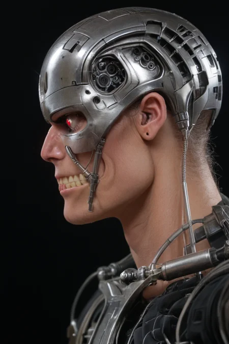 T800_Endo, Terminator robot, score_9, score_8_up, score_7_up, (source_IRL, source_movie), cinematic, realistic, masterpiece, high quality, highres RAW photo, ((extreme close-up, close-up shot, close-up head shot, side profile view, from the side))
a T800_Endo Terminator Robot with red eyes, he is made of metal, he is made of shiny chrome metal, new, clean, <lora:T800_Endo_Terminator_Pony-000010:1>
(standing)
black background
dynamic lighting, highly detailed, intricate details