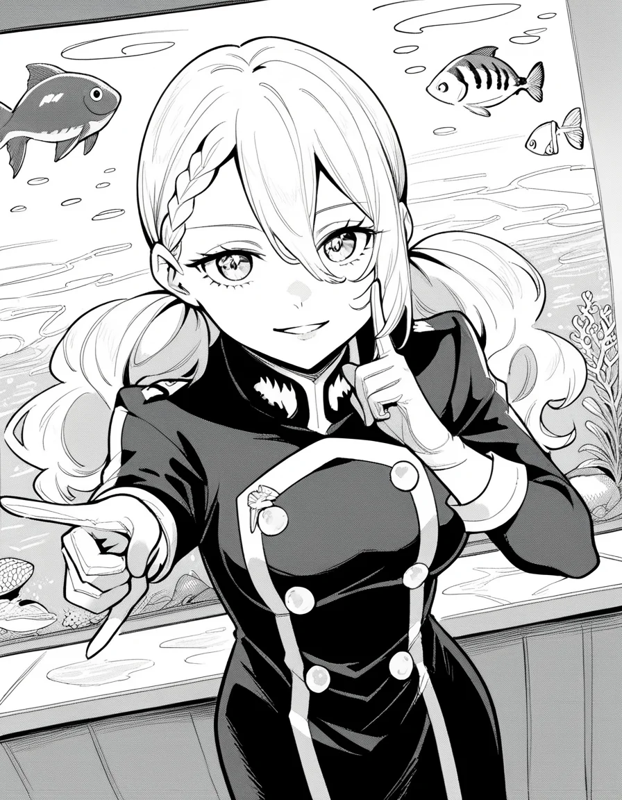 score_9, score_8_up, score_7_up, source_anime, <lora:varvara-pilipenko-manga-ponyxl-lora-nochekaiser:1>, varvara pilipenko, greyscale, monochrome, long hair, hair between eyes, braid, twintails,, gloves, uniform, military, military uniform, aquarium, water, fish, tanks, blue, smile, <lora:finger-to-cheek-ponyxl-lora-nochekaiser:1>, finger to cheek, index finger raised, pointing at self, bedroom, parted lips, leaning forward, bent over, cowboy shot, dutch angle,, looking at viewer, solo,, dutch angle, cowboy shot