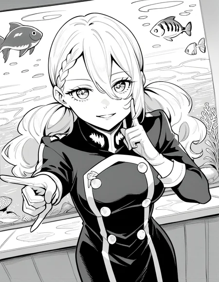 score_9, score_8_up, score_7_up, source_anime, <lora:varvara-pilipenko-manga-ponyxl-lora-nochekaiser:1>, varvara pilipenko, greyscale, monochrome, long hair, hair between eyes, braid, twintails,, gloves, uniform, military, military uniform, aquarium, water, fish, tanks, blue, smile, <lora:finger-to-cheek-ponyxl-lora-nochekaiser:1>, finger to cheek, index finger raised, pointing at self, bedroom, parted lips, leaning forward, bent over, cowboy shot, dutch angle,, looking at viewer, solo,, dutch angle, cowboy shot