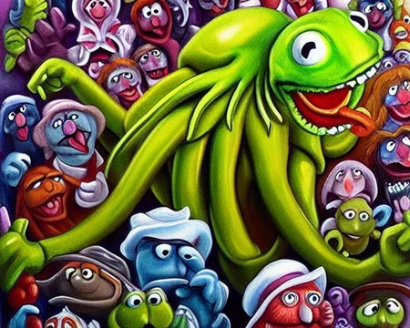 ASCIIA painting of Cthulhu as a muppet, very detailed, clean, high quality, sharp image, based on H.P Lovecraft stories