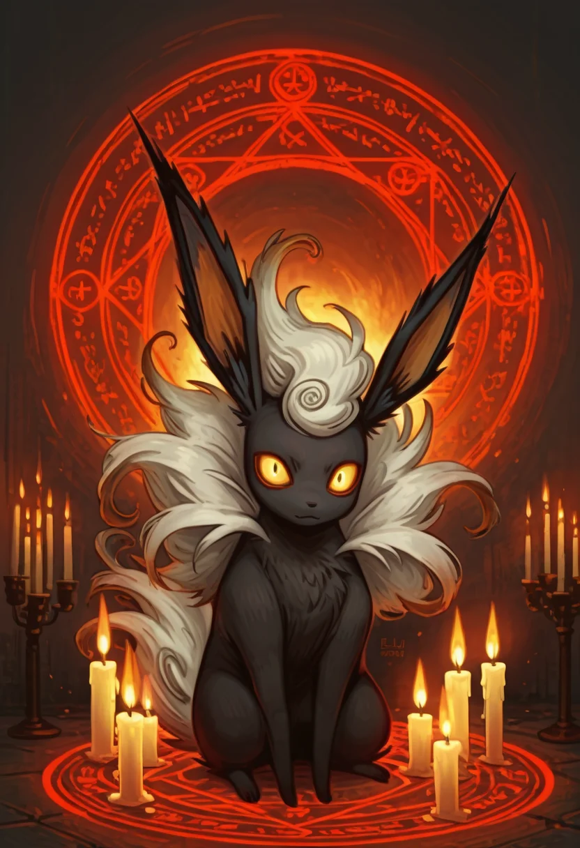 masterpiece, best quality, <lora:NightmareDex_IXL:1.3>, Flareon, candles, magic circle,