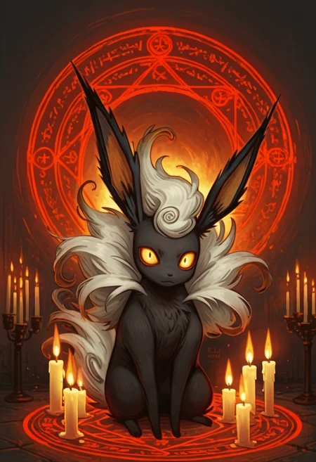 masterpiece, best quality, <lora:NightmareDex_IXL:1.3>, Flareon, candles, magic circle,