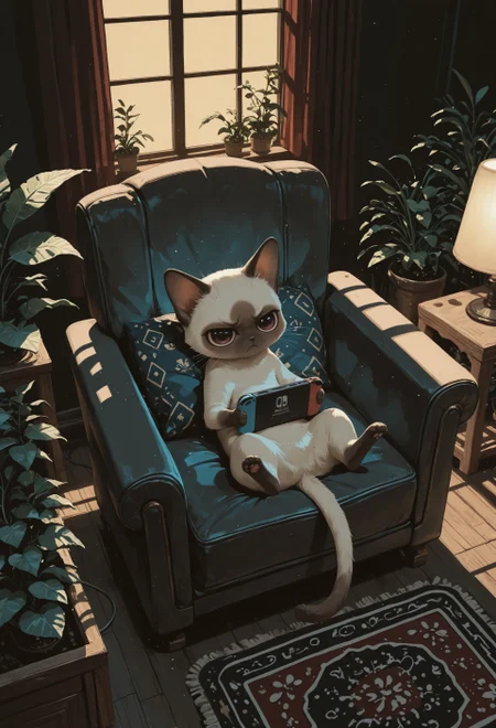 masterpiece, newest, absurdres, incredibly absurdres, best quality, amazing quality, very aesthetic, newest, no lineart, no outline, scenery,  (chiaroscuro), no humans, animal, Siamese cat, big eyes, whiskers, paws, solo, animal focus, reclining, armchair, window, closed curtains, playing games, grumpy, looking at viewer, holding nintendo switch,  (dark room), living room, decorative plants, lamp, warm light, volumetric lighting, shadows, from above, usnr, S4bit4mago_illu