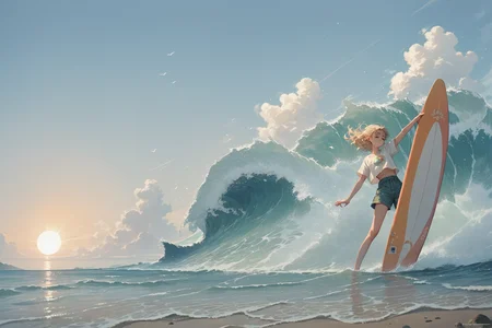 score_9, score_8_up, score_7_up, score_6_up, score_5_up, score_4_up, 1girl, An Australian girl with sandy blonde hair is standing on a surfboard surfing on a giant enormous wave out in the ocean under the sun in the morning, <lora:wodeipoi:0.671><lora:Kenva:0.671><lora:kyuyong:0.671>score_9, score_8_up, score_7_up, score_6_up, score_5_up, score_4_up, knva, halftone effect, wodeipoi, kyuyongeom, source_anime, anime style, rating_safe, source_anime, anime style,
