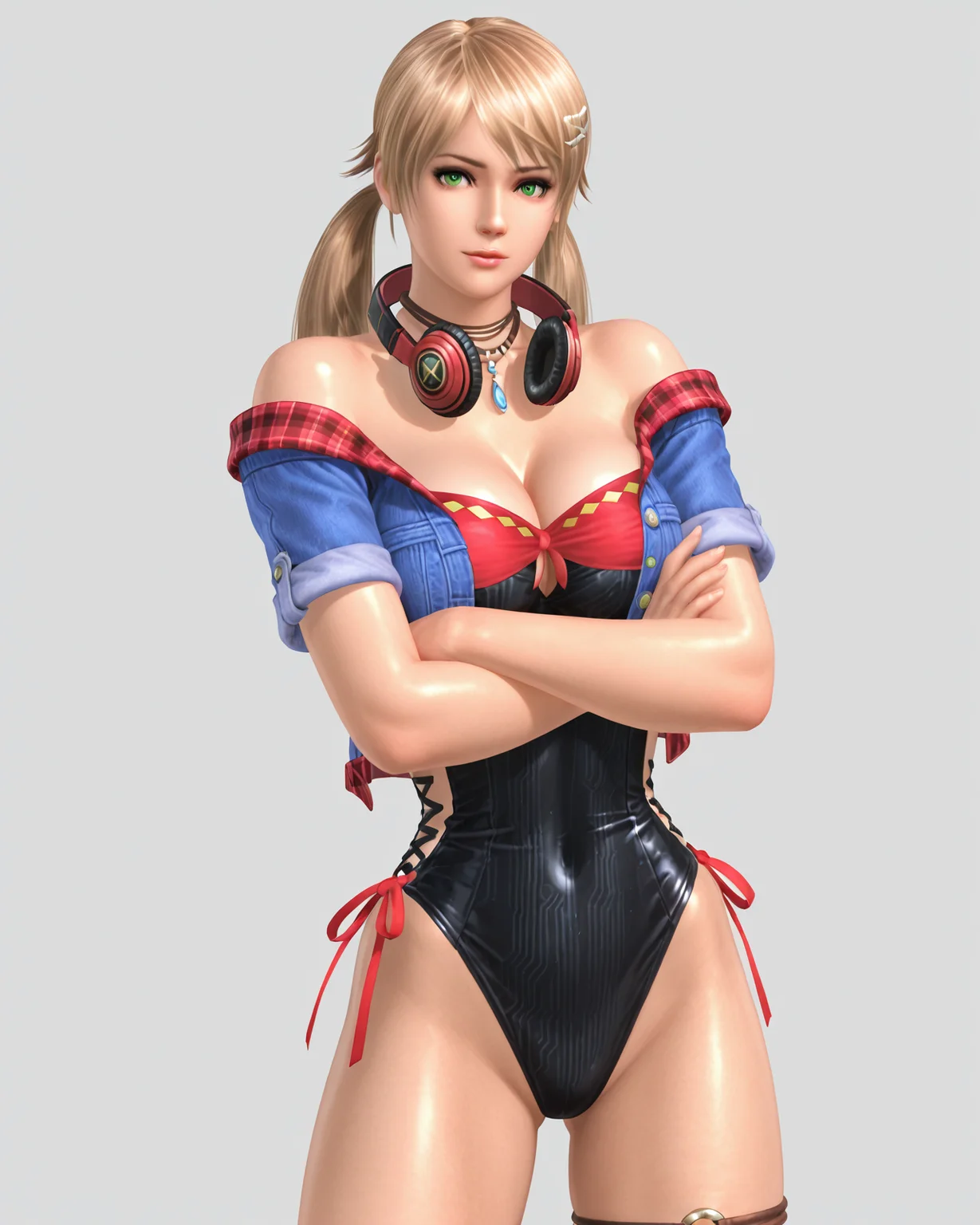 <lora:amy:1>,amy (doa vv),blonde hair,green eyes,breasts,cleavage,green eyes,hair ornament,jewelry,leotard,lips,thigh strap,headphones around neck,crossed arms,