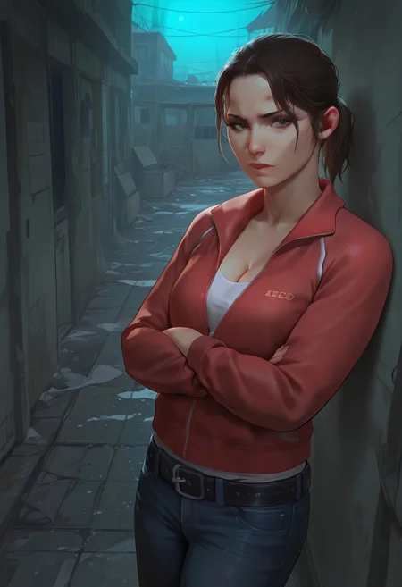 safe_pos, masterpiece, best quality, BREAK, dynamic angle, 1girl, solo, zoeyl4d, brown hair, ponytail, red jacket, white shirt, cleavage, blue jeans, belt, arms crossed, looking at viewer, abandoned apartment, apocalypse, detailed scenery, night time, moonlight