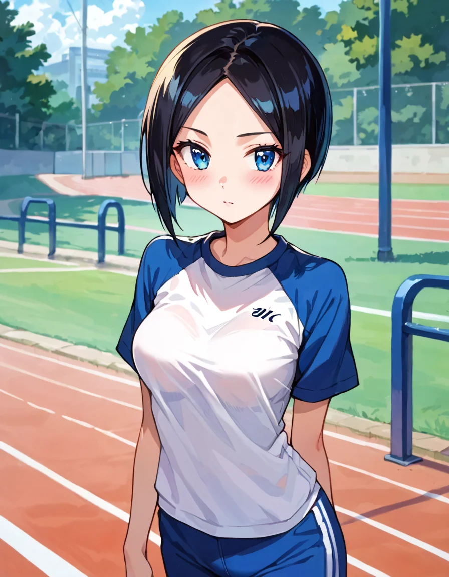score_9, score_8_up, score_7_up, source_anime, anime screencap, anime coloring, masterpiece, best quality, traditional media, uncensored, 1girl, solo, (cowboy shot:1.2), eri todo, blue eyes, black hair, short hair, parted bangs, medium breasts, gym shirt, short sleeves, blue track pants, breasts, <lora:eri todo_Iitai Koto wa_Pony:1>, outdoors, cute face, (skindentation:1.2), ultra detailed eyes, depth of field, dynamic angle, sharp, (intricate details, hyperdetailed:1.15)