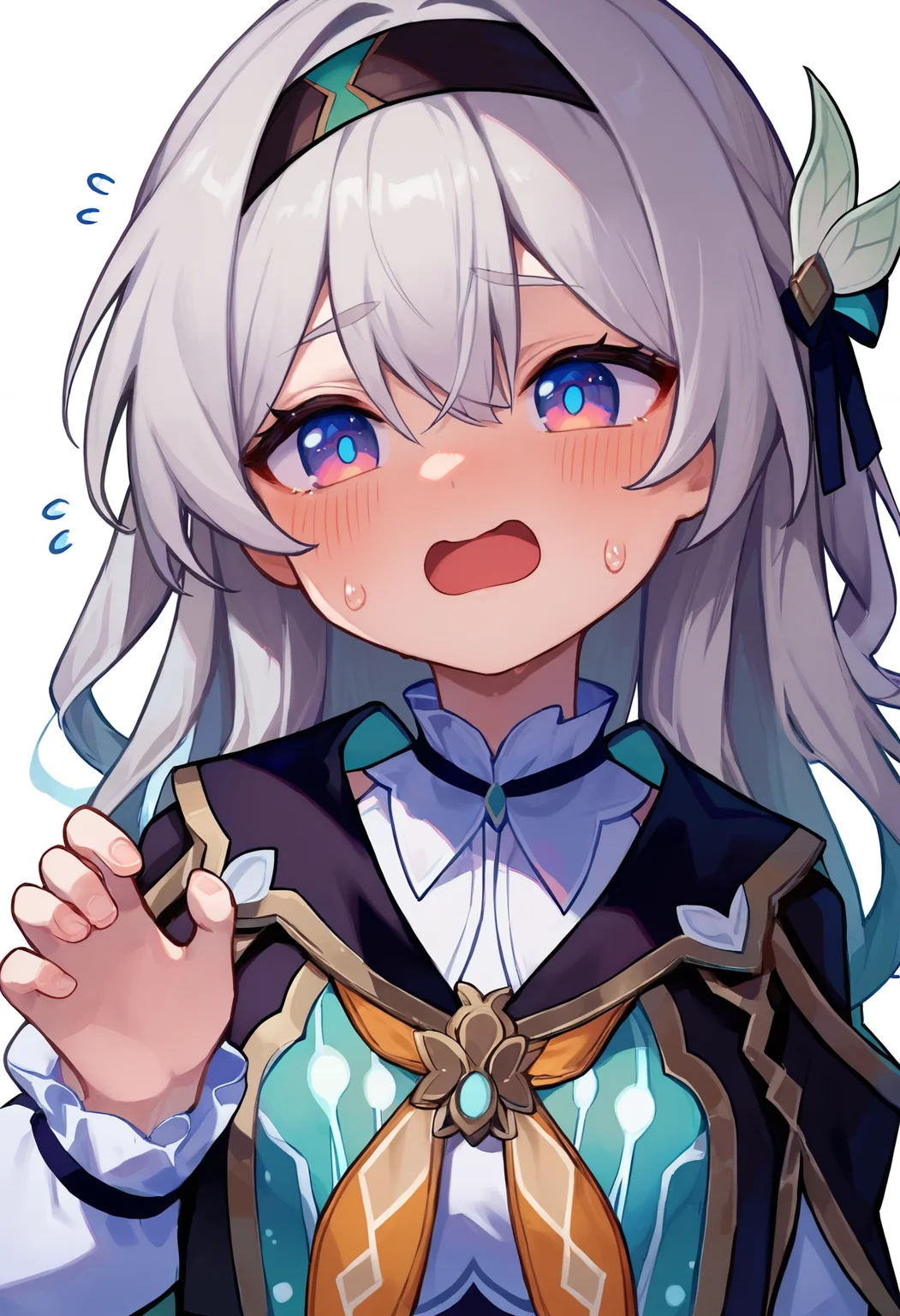 score_9,score_8_up,score_7_up,score_6_up, <lora:firefly_honkai_star_rail_v1_pdxl_goofy:1>firefly hsr, blush, 1girl, long hair, white background, simple background, hairband, solo, flying sweatdrops, black hairband, upper body, grey hair, bow, neckerchief, bangs, chibi, long sleeves, hair ornament, sweat