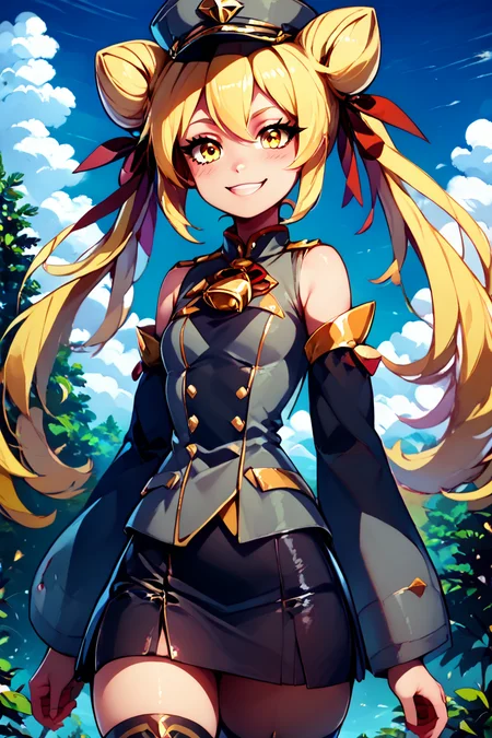 score_9, score_8_up, score_8, medium breasts, (curvy), cute, eyelashes, BREAK, , zzGiratanya, yellow eyes, long hair, blonde hair, twintails, cone hair bun, double bun, hair bun, black military hat, grey military uniform, black skirt, thighhighs, long sleeves, ribbon, bare shoulders, hair ribbon, detached sleeves, <lora:Giratanya_CitronOC_PDXL_v2:0.8>,, BREAK, looking at viewer, smile, outdoors, sky, day, cloud, tree, blue sky, mountain, cowboy shot, ,,, embedding:zPDXL, Expressiveh, ,,, <lora:Alola_Style_PDXL:0.8>, <lora:CatalystStylePDXL:0.8>, <lora:Expressive_H-000001:0.4>,