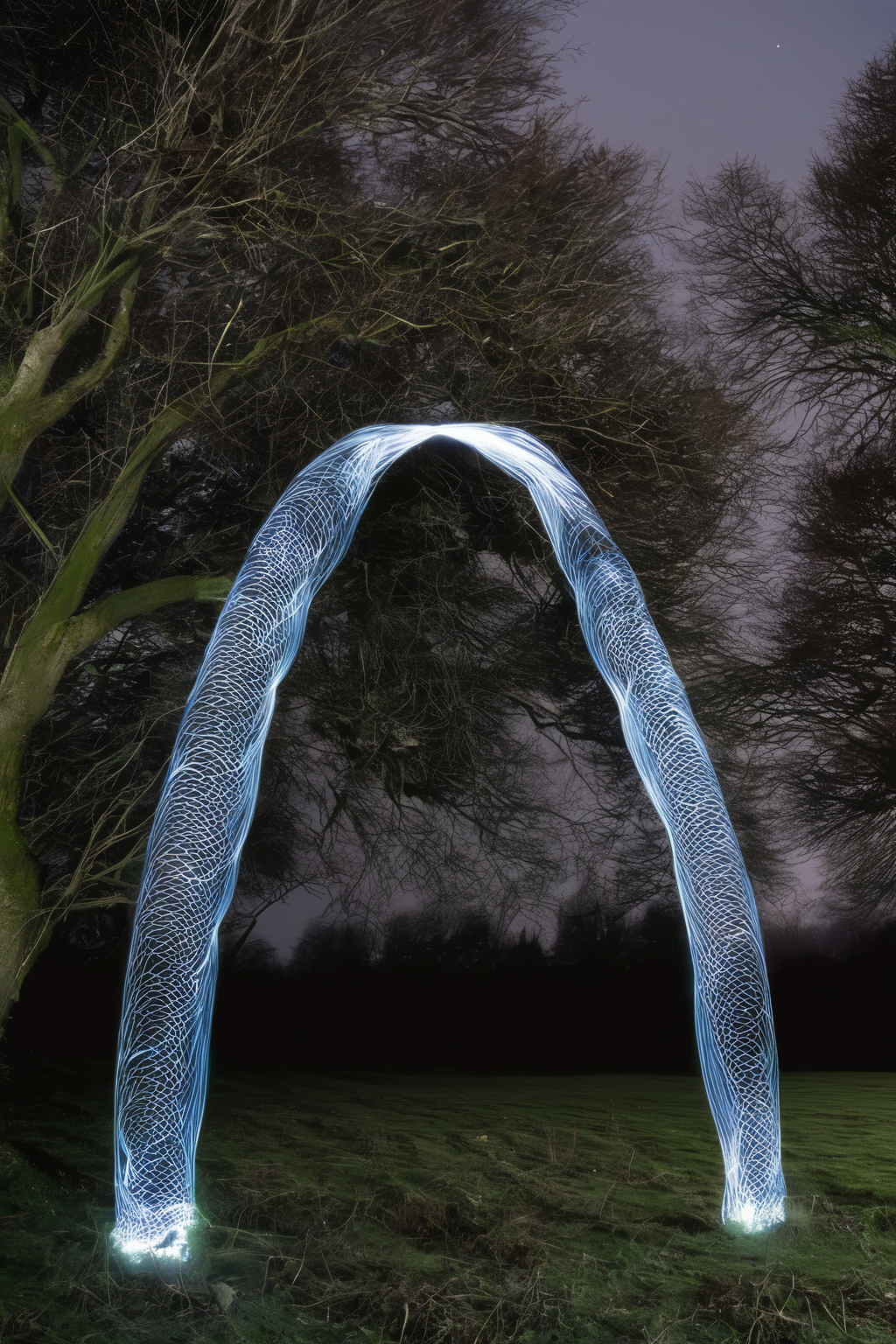 <lora:Photographer Martin Kimbell Style:1>Photographer Martin Kimbell Style - a long exposure photograph of an arch in the middle of a field at night