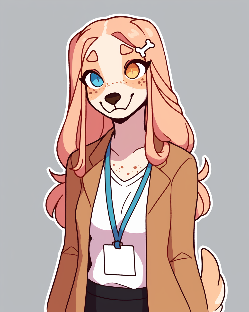 score_9_up, score_8_up, score_7_up, score_6_up, by remanedur, half-length portrait, medium breasts, long hair, dog, heterochromia, office lady, lanyard, skirt, shirt, white shirt, jacket, bone hair ornament, freckles, female, looking at viewer, tail, solo, happy, smile, three-quarter view, head tilt, simple background, white outline,<lora:Leah_Pines(AIM)_XL_v1:0.15> <lora:PDXL_artist_tags_v2_big:0.5> <lora:The-Minuscule-Task_PDXL_v1.0:0.6>  <lora:Clover_FoxyPew:0.55>