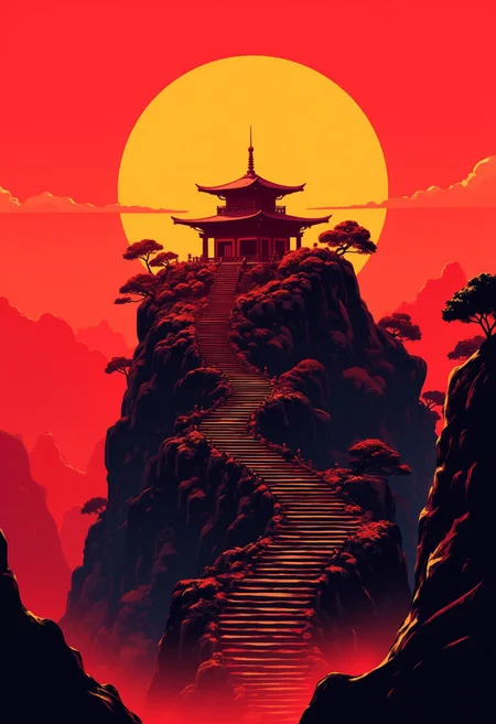 Inkpunk Anime, inksketch in red and black, image of shinto shrine on top of a mountain, long flight of steps up to it, canyon, ravine, sunset, mist
