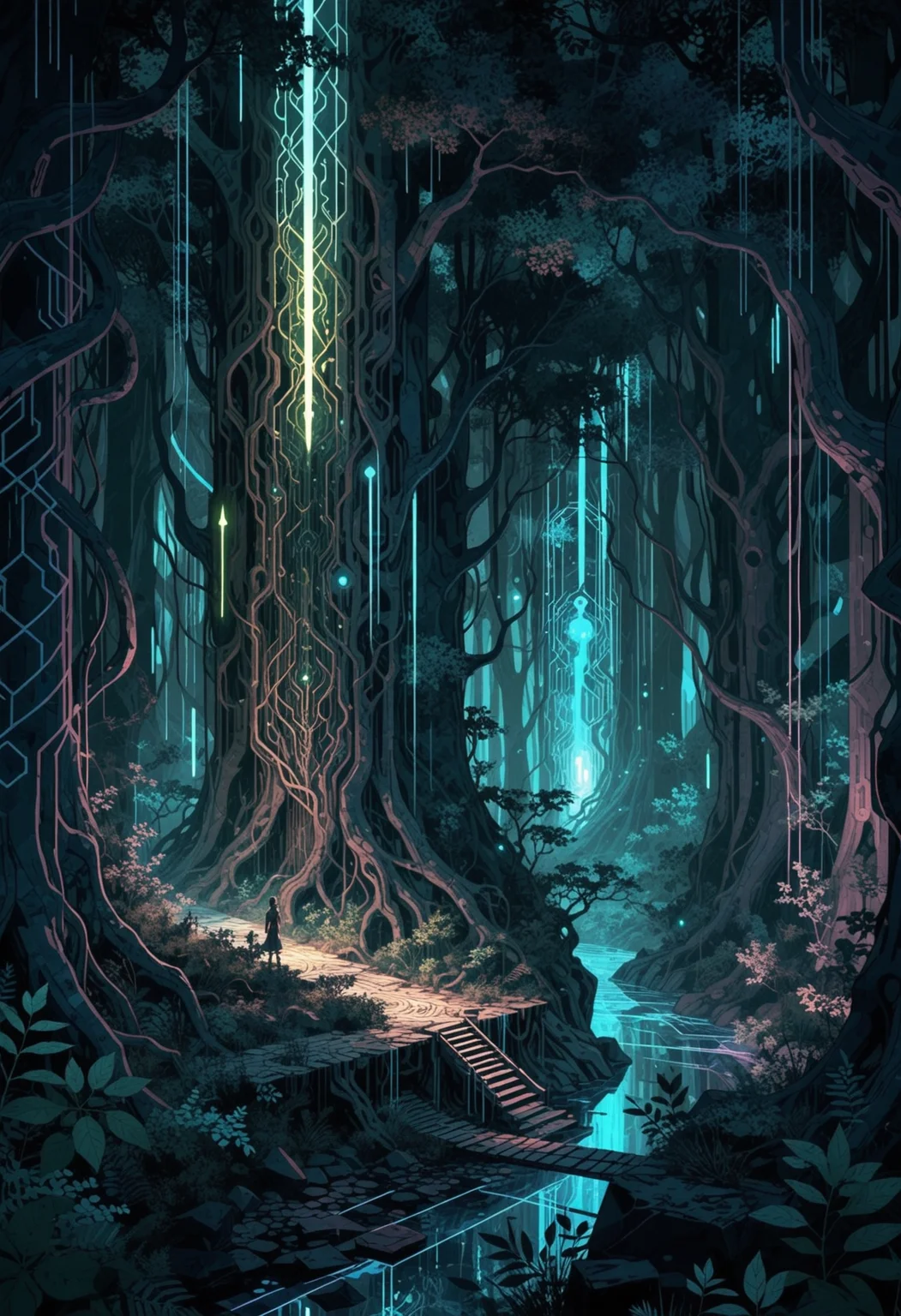 Sword and sorcery landscape cubist illustration featuring a translucent forest environment where a mechanical experiment is conducted, glowing circuits, serene tone. With harsh rim-lighting, intense saturation, magical, epic, eyecandy   <lora:dmd2_sdxl_4step_lora>