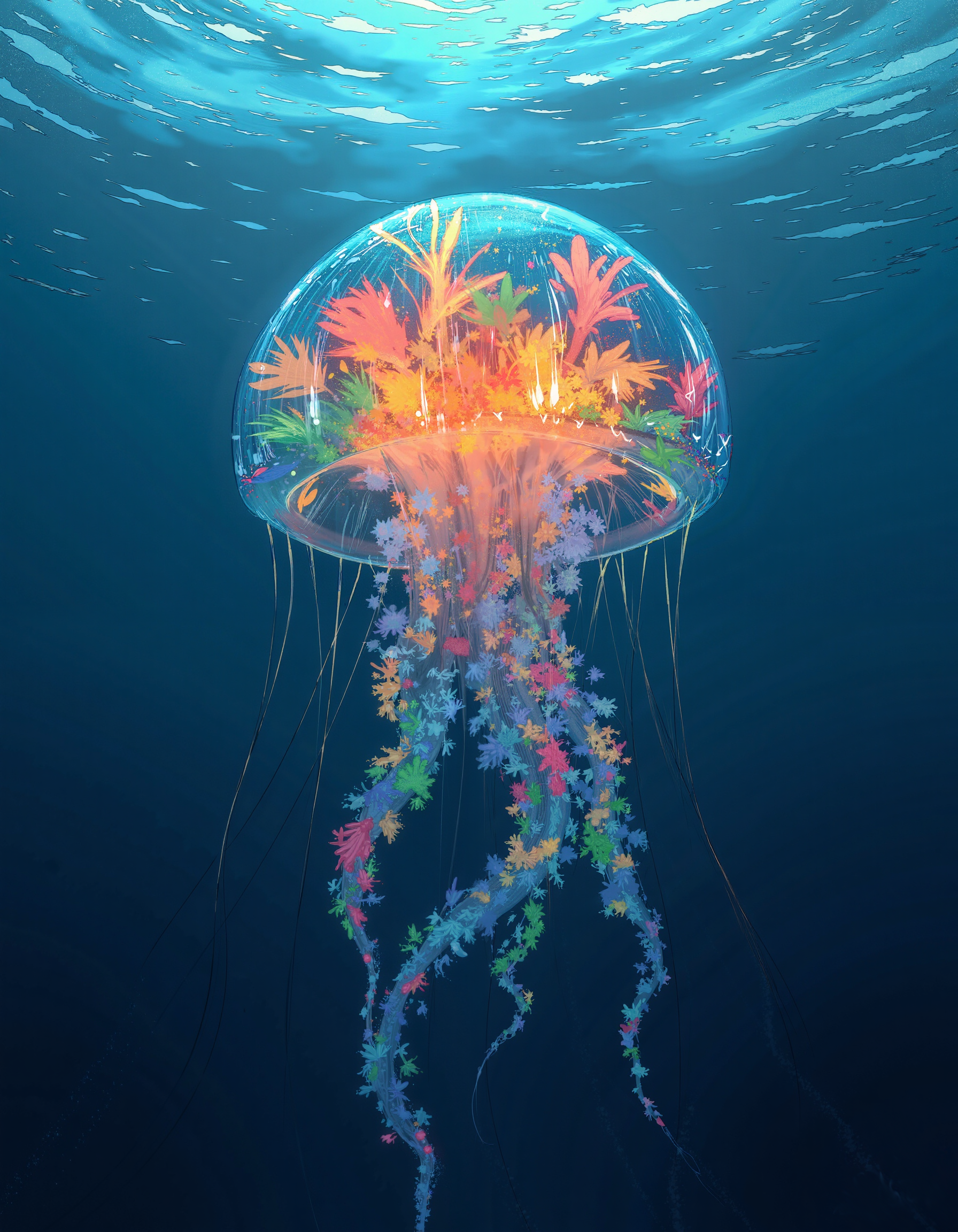 A poignant underwater scene, reminiscent of Hayao Miyazaki's dreamlike storytelling, featuring a colossal jellyfish made of vibrant, mismatched patchwork pieces, its translucent body glowing softly, as if illuminated from within, against a deep blue background with warm, golden light filtering down from above, evoking a sense of ethereal wonder, shot in a cinematic style with a shallow depth of field, emphasizing the intricate textures of the jellyfish's patchwork body, with a subtle film grain and muted color palette, imbuing the scene with a nostalgic, timeless quality. The painting is in the style of umesky. <lora:ume_sky_v2:1>