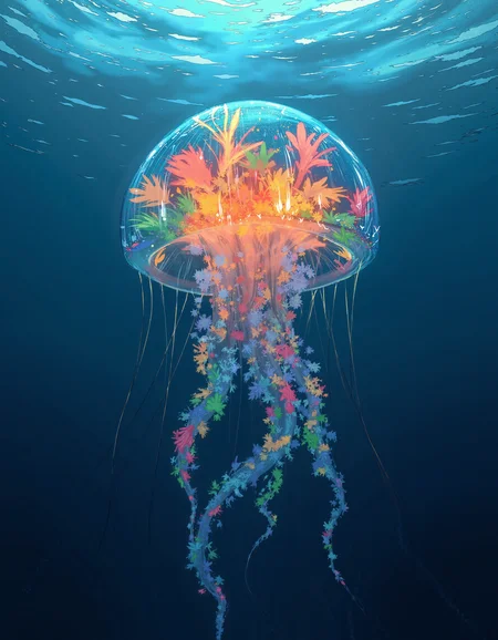 A poignant underwater scene, reminiscent of Hayao Miyazaki's dreamlike storytelling, featuring a colossal jellyfish made of vibrant, mismatched patchwork pieces, its translucent body glowing softly, as if illuminated from within, against a deep blue background with warm, golden light filtering down from above, evoking a sense of ethereal wonder, shot in a cinematic style with a shallow depth of field, emphasizing the intricate textures of the jellyfish's patchwork body, with a subtle film grain and muted color palette, imbuing the scene with a nostalgic, timeless quality. The painting is in the style of umesky. <lora:ume_sky_v2:1>