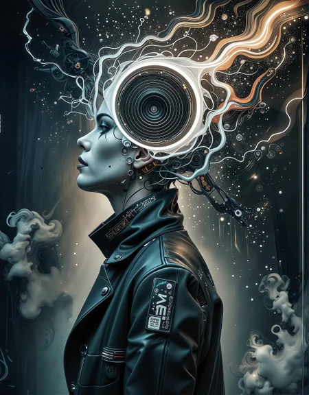 A mysterious figure stands in three-quarter view against a dark, atmospheric background, rendered in a style blending surrealism with cosmic art reminiscent of Storm Thorgerson's album covers and Christopher Nolan's Interstellar visuals. Shot with dramatic chiaroscuro lighting inspired by film noir photography, emphasizing deep shadows and selective illumination. The figure wears a high-collared black coat with subtle texture details and fabric folds catching minimal light. Their face, partially visible from the jaw to nose, dissolves upward into a mesmerizing cosmic vortex - a swirling black hole phenomenon with luminous streams of crimson, burnt orange, and electric blue energy spiraling inward. Delicate particles of stellar matter and glowing embers drift outward from the event horizon, creating a scattered trail of light against the darkness. The transition between human form and cosmic anomaly is seamless, with wispy tendrils of space-time distortion blending into the figure's physical form. Depth of field is shallow, keeping the figure sharp while the background fades into a soft, shadowy gradient. The overall mood is contemplative and transcendent, with a color palette dominated by deep blacks and rich jewel tones punctuated by ethereal light sources within the cosmic vortex.