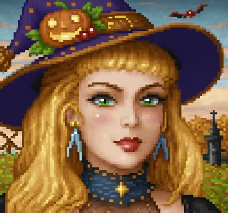 retro game art Original HoMM2 style portrait of a witch with fair skin and long, wavy golden blonde hair with a fringe. She is wearing a large, purple witch hat with bronze tip, adorned with a pumpkin, leaves, berries, and bronze hat ribbon with belt buckle. The hat made of fabric with stars pattern. Her facial features include vibrant green eyes, red lips, blushing cheeks and a subtle smile. She is also wearing blue, dangling earrings in the shape of a letter "A" and a dark, intricate sheer dress with a golden star on a laced collar. The background includes a red bat flying in a dark blue and pale pink sky with clouds at dusk and hints of at a whimsical, festive, Halloween-themed setting with decorations and structures of a church and a windmill visible in the distance against the autumn forest . 16-bit, vibrant colors, pixelated, nostalgic, charming, fun, Original HoMM2 style portrait of a witch with fair skin and long, wavy golden blonde hair with a fringe. She is wearing a large, purple witch hat with bronze tip, adorned with a pumpkin, leaves, berries, and bronze hat ribbon with belt buckle. The hat made of fabric with stars pattern. Her facial features include vibrant green eyes, red lips, blushing cheeks and a subtle smile. She is also wearing blue, dangling earrings in the shape of a letter "A" and a dark, intricate sheer dress with a golden star on a laced collar. The background includes a red bat flying in a dark blue and pale pink sky with clouds at dusk and hints of at a whimsical, festive, Halloween-themed setting with decorations and structures of a church and a windmill visible in the distance against the autumn forest, magic, detailed, cozy, highly colorful, vivid color, open atmosphere, incredible quality, very inspirational, inspiring, thought, cinematic, artistic, innocent, beautiful, epic composition, dramatic, elegant, rich deep colors, amazing dynamic, stunning, aesthetic, creative, positive, unique