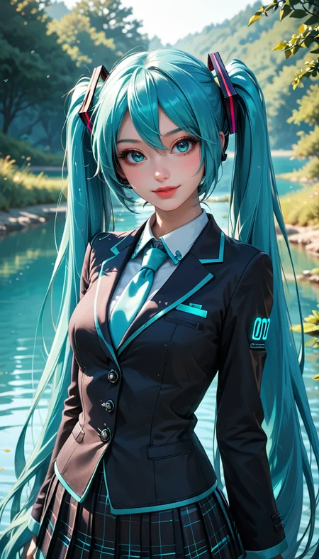 score_9, score_8_up, score_7_up, Cowboy Shot, Hatsune Miku, cute, seductive, innocent, light smile:0.3, plump lips, slender body, very long turquoise pigtails, school uniform like outfit, moonlight passing through hair, night lake background, 4n1v3rs3, depth of field, dynamic angle, fashion photography, sharp, hyperdetailed:1.15