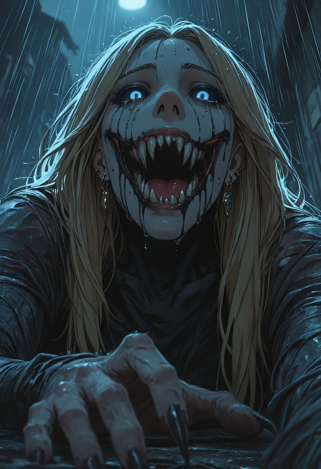 mcht2, mature female, 1other, blue eyes, colored sclera, black sclera, blonde hair, solo, painful, tears, raining, raindrops, motion, long hair, teeth, sharp teeth, earrings, blood, tearing, jewelry, scarred, open mouth, horror (theme), blood on face, looking at viewer, dynamic dutch angle, blurred foreground, depth of field, foreshortening, claws, sharp fingernails, detailed lighting, masterfully drawn, expressive, amazing quality, best resolution, very aesthetic, 4k, latest, , <lora:5446466b-cec5-48ee-8b09-f2b6d0993aab:0.9>