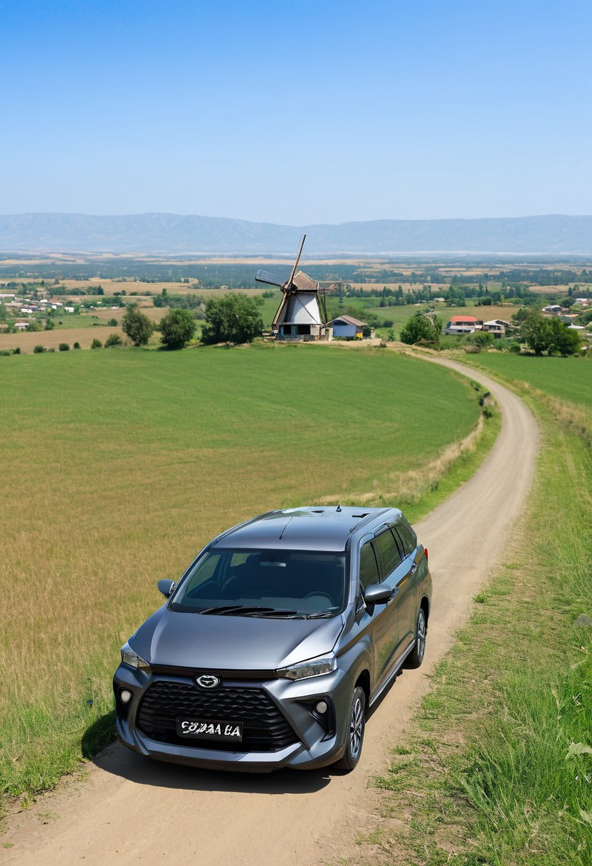 high resolution, best quality, Car, Daihatsu Xenia, Rural landscape, windmill, clear day,