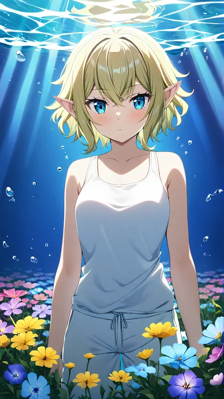 <lora:Ryu_Lion:1> <lora:Anime Enhancer XL V2:1>
1girl, RyuLion, RyuLion has dark blue eyes, RyuLion has blonde hair, RyuLion is an elf,
RyuLion wearing a white tank top, RyuLion wearing white sweatpants,
RyuLion laying in a beautiful field of flowers, Sunshine, daylight,
flower, blue lighting,underwater, water <lora:flowersea:1>