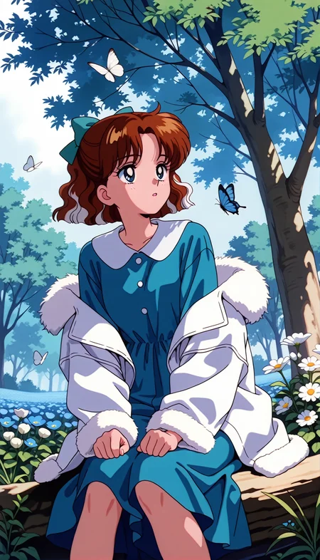 masterpiece,best quality,amazing quality,1990s \(style\),OsakaNaru ill,1girl,solo,blue eyes,short hair,brown hair,hair bow,butterfly,bug,flower,blue butterfly,sitting,white flower,white hair,long sleeves,hair ornament,dress,jacket,white jacket,tree,blue flower,feet out of frame,white butterfly,bow,off shoulder,open mouth,parted lips,fur trim,<lora:OsakaNaru ill:0.8>,