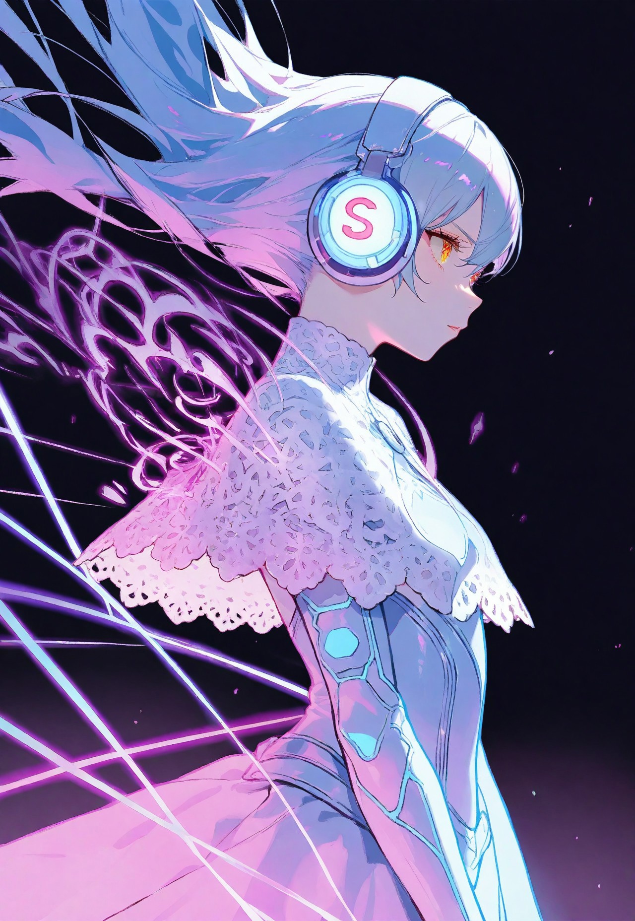  usnr, fantasy , masterpiece, masterworks, best quality, amazing quality, very aesthetic, absurdres,1girl, Anime, headphones,black background,neon glowing outline,vibrant neon colors lines, dynamic side view, looking at you, upperbody , lace capelet
BREAK 
masterpiece, best quality, good quality, very awa, very aesthetic, absurdres,