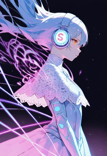 usnr, fantasy , masterpiece, masterworks, best quality, amazing quality, very aesthetic, absurdres,1girl, Anime, headphones,black background,neon glowing outline,vibrant neon colors lines, dynamic side view, looking at you, upperbody , lace capelet
BREAK
masterpiece, best quality, good quality, very awa, very aesthetic, absurdres,