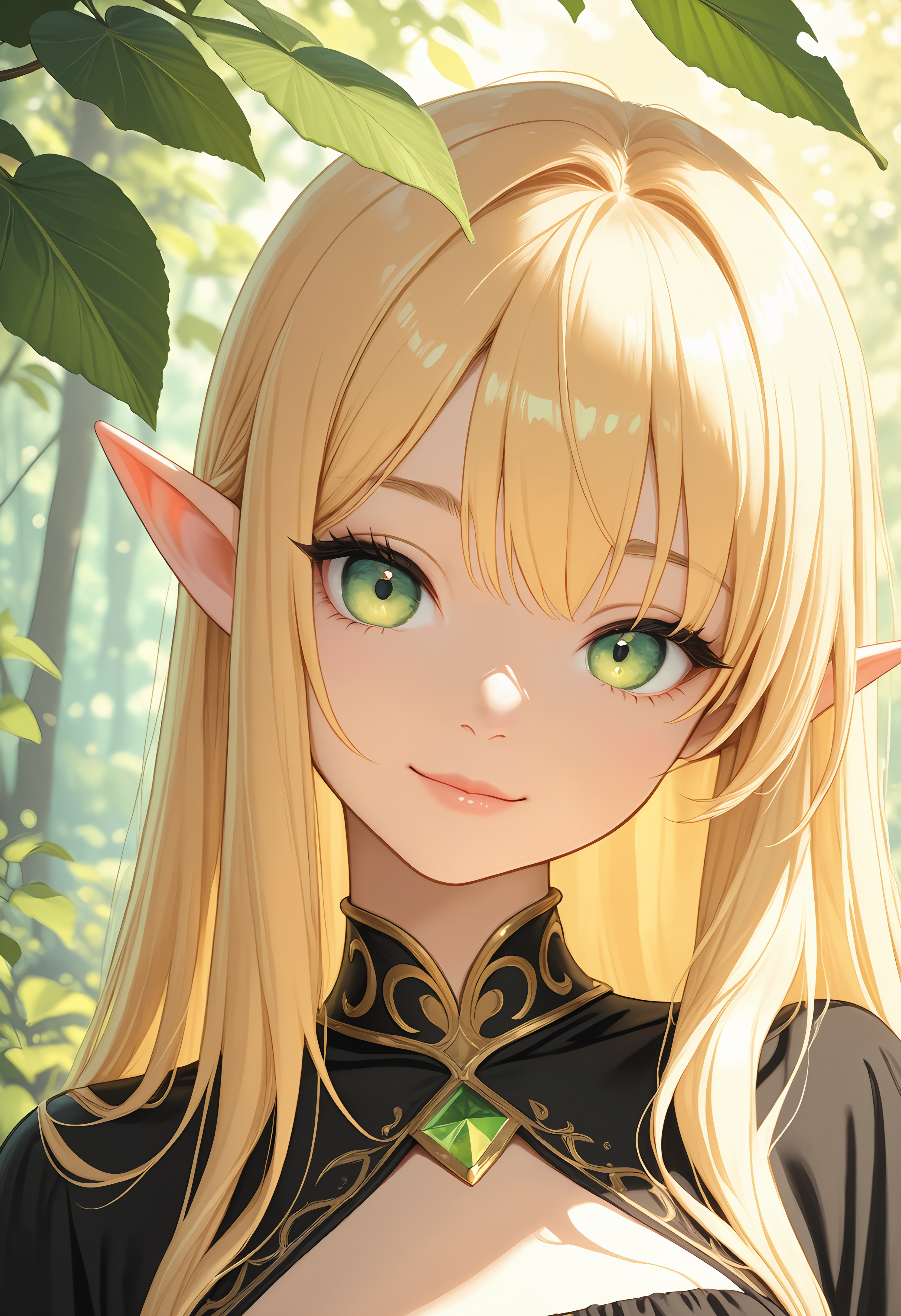 incredibly absurdres, highres, masterpiece, newest, 1girl, elf, pointy ears, long hair, blond hair, green eyes, light smile, black dress, gold, head tilt, looking at viewer, close up, outdoors, nature, leaves, behind leaves