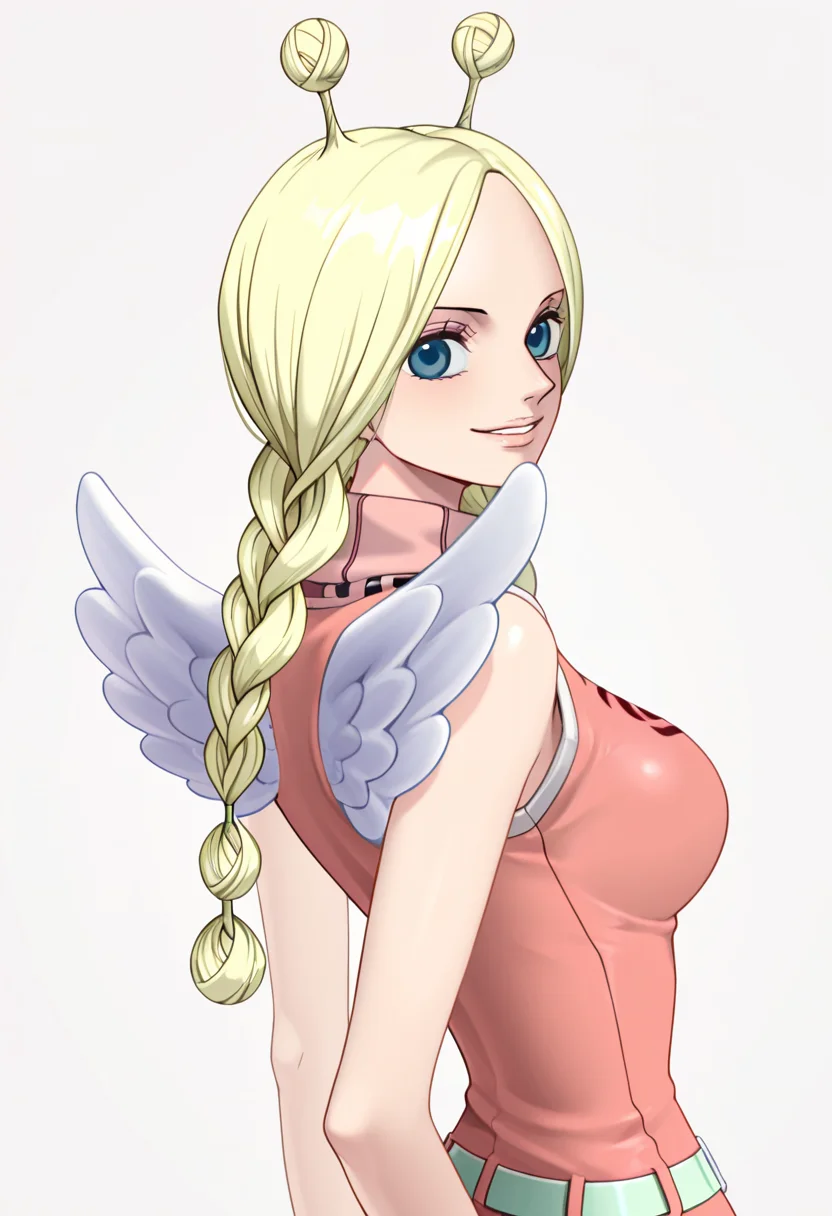 1girl, conis, pink turtleneck dress, green belt, wings, blonde hair, antenna hair, twin braids, braided twintails, blue eyes, looking at viewer, smile, cute, from behind, <lora:Conis_ill_v6:1>, very awa, masterpiece, best quality, newest, highres, absurdres,