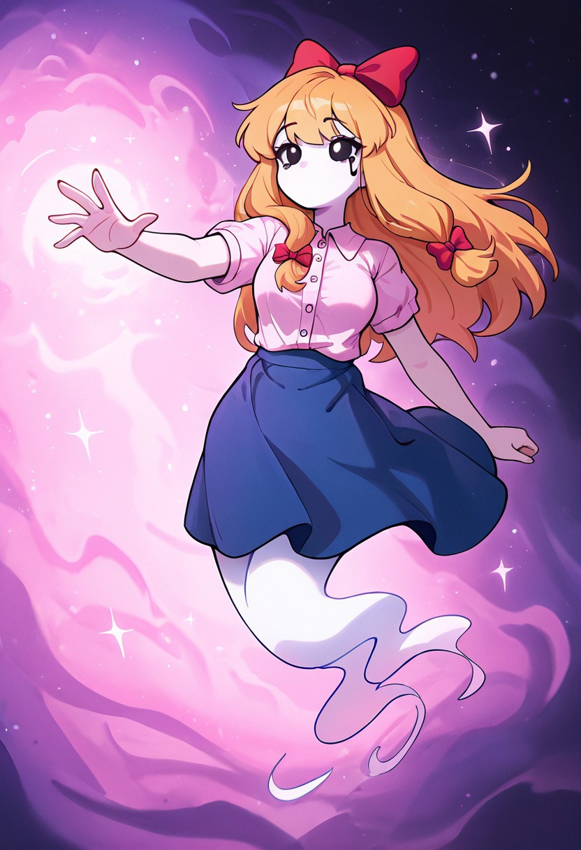 masterpiece, best quality, amazing quality, very aesthetic, absurdres, newest, detailed background, foreground blur, (( cartoon,  )),
elizabafton, 1girl, red bow , hair bow, long hair,  blonde ginger, hair, , short sleeves, bright hot pink buttoned shirt, blue skirt, medium breasts, short skirt, long white socks, loose shirt, 
ghost tail, white face, no pupils, no mouth, reaching out, ghost effect, no mouth, black sclera, black tears, black tears down cheeks, reaching out, floating,