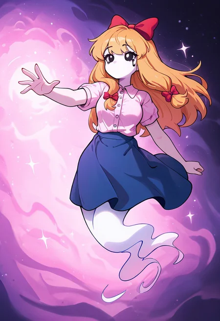 masterpiece, best quality, amazing quality, very aesthetic, absurdres, newest, detailed background, foreground blur, (( cartoon,  )),
elizabafton, 1girl, red bow , hair bow, long hair,  blonde ginger, hair, , short sleeves, bright hot pink buttoned shirt, blue skirt, medium breasts, short skirt, long white socks, loose shirt, 
ghost tail, white face, no pupils, no mouth, reaching out, ghost effect, no mouth, black sclera, black tears, black tears down cheeks, reaching out, floating,