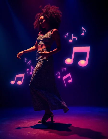 A photograph of a lively 26-year-old Afro-Caribbean woman dancing in Jamaica at night, but she's surrounded by an aura of swirling, neon-colored musical notes., <lora:amateurphoto-v5-14-15-1-1:0.4> <lora:Another_Amateur_Lora:0.4> <lora:Phlux:0.4> <lora:UltraRealistic_Lora_Project:0.4>