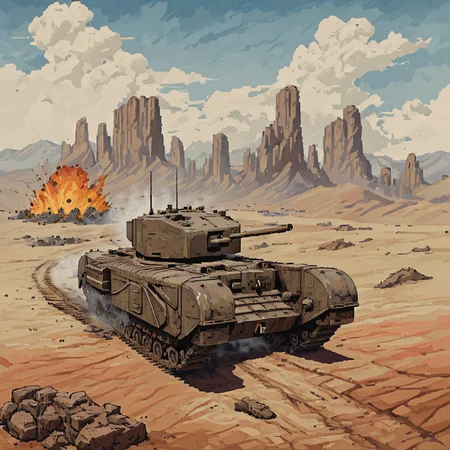 tank driving across a desert, sand, rocks, distant mountains, wire, explosions, smoke, fog of war, rubble, chrchltnk, vehicle focus ((pulp_comic, heavy_lines, hand_drawn, hand_inked, hand_colored, apxlz))
