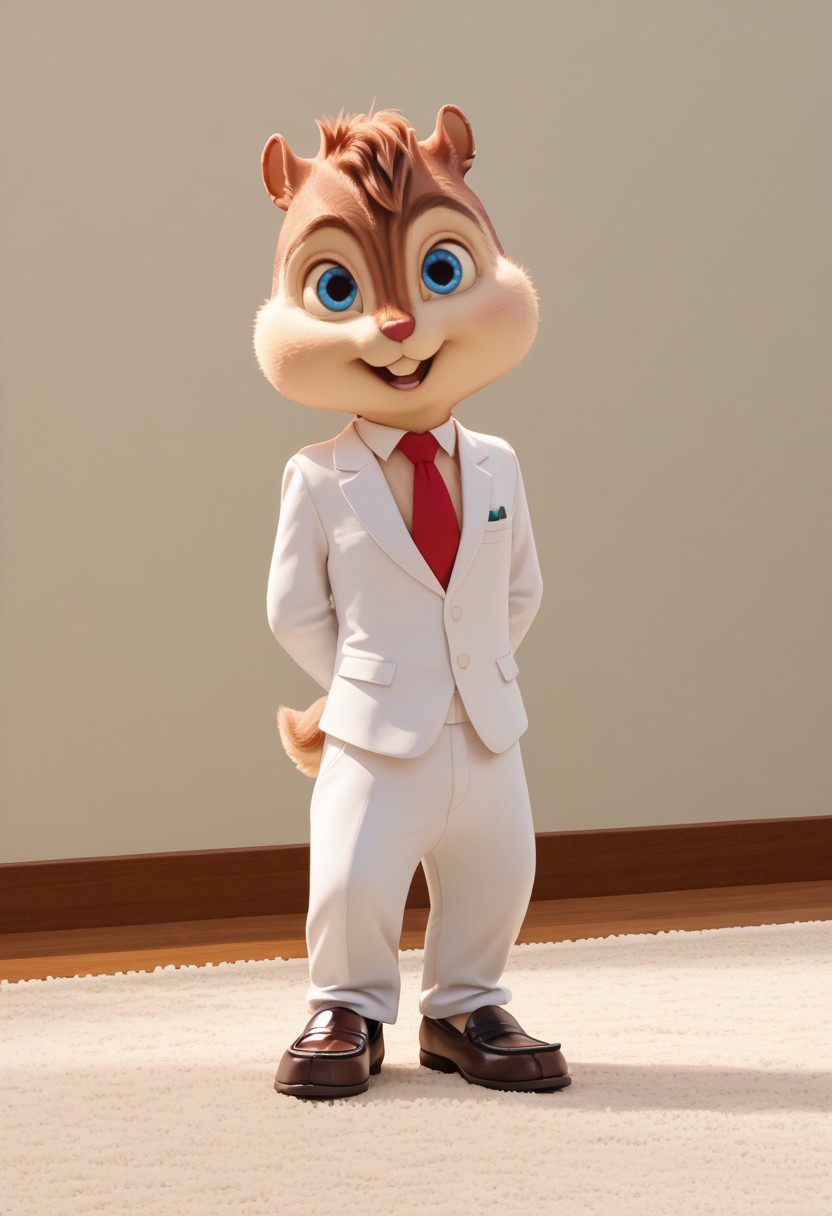 Score_9, score_8_up, score_7_up, source_furry, Alvin Seville, chipmunk, chipmunk male, furry male, furry, long tail, 3d, render, movie screencap, blue eyes, white tuxedo,  white tuxedo pants, white shirt, red tie, black leather loafers, lounge, wall, carpet, looking at viewer, <lora:Alvin _Seville __Alvin_and_the_Chipmunks__CG_Movie_version:0.8>