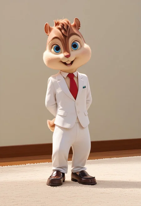 Score_9, score_8_up, score_7_up, source_furry, Alvin Seville, chipmunk, chipmunk male, furry male, furry, long tail, 3d, render, movie screencap, blue eyes, white tuxedo,  white tuxedo pants, white shirt, red tie, black leather loafers, lounge, wall, carpet, looking at viewer, <lora:Alvin _Seville __Alvin_and_the_Chipmunks__CG_Movie_version:0.8>