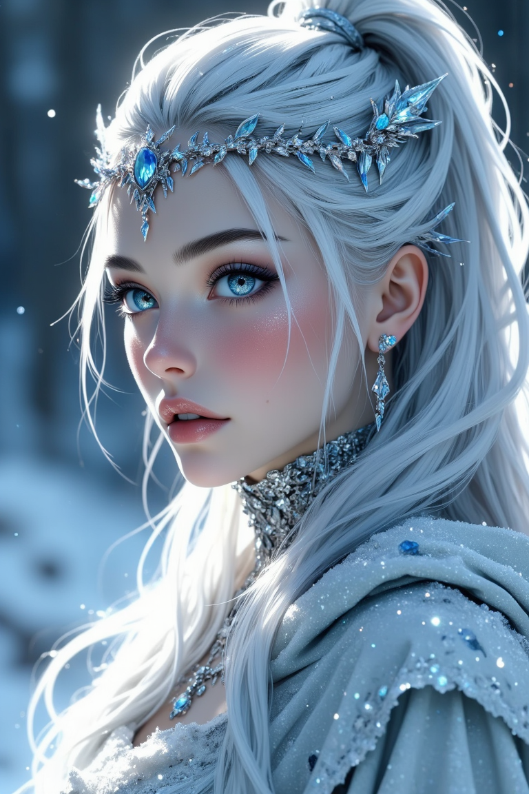 A hyper-realistic close-up of an ice sorceress standing gracefully in a snow-covered landscape. Her long, platinum-white hair is tied into a sleek, high ponytail, flowing down her back with strands that shimmer like spun ice, reflecting the cold glow of her surroundings. Her skin is an ethereal pale, almost translucent with a bluish hue, as if it has never felt warmth. The cold, frosty light casts soft shadows on her sharp, angular features, accentuating her high cheekbones and delicate jawline.
Her makeup is subtle yet striking, with a frosty silver-blue eyeshadow that blends into her pale skin, drawing attention to her piercing ice-blue eyes. These eyes are sharp and full of wisdom, glowing softly with a mysterious, magical light. Long, thick eyelashes are dusted with a faint shimmer of frost, and her lips are a cool shade of frostbite blue, giving her an otherworldly, cold beauty. Her expression is calm and composed, exuding authority and mastery over the elements.
She is adorned with intricate, frost-like jewelry, including a thin, silver tiara that rests upon her forehead, embedded with tiny blue sapphires that pulse with magical energy. Icicle-shaped earrings dangle from her ears, catching the light with every movement. Around her neck is a silver choker, delicately etched with ancient runes that glow faintly, signifying protection and immense magical power.
<lora:Dever_Flux_Enhancer:0.5>
<lora:edgy_fashionista_flux_ntc_v2:0.5>,
<lora:bokeh_flux_ntc:0.6>,
<lora:Midjourney_-_SemiReal_Dreams_FLUX_LoRA:0.7>
<lora:FluxMythP0rtr4itStyle:0.75> mythp0rt
