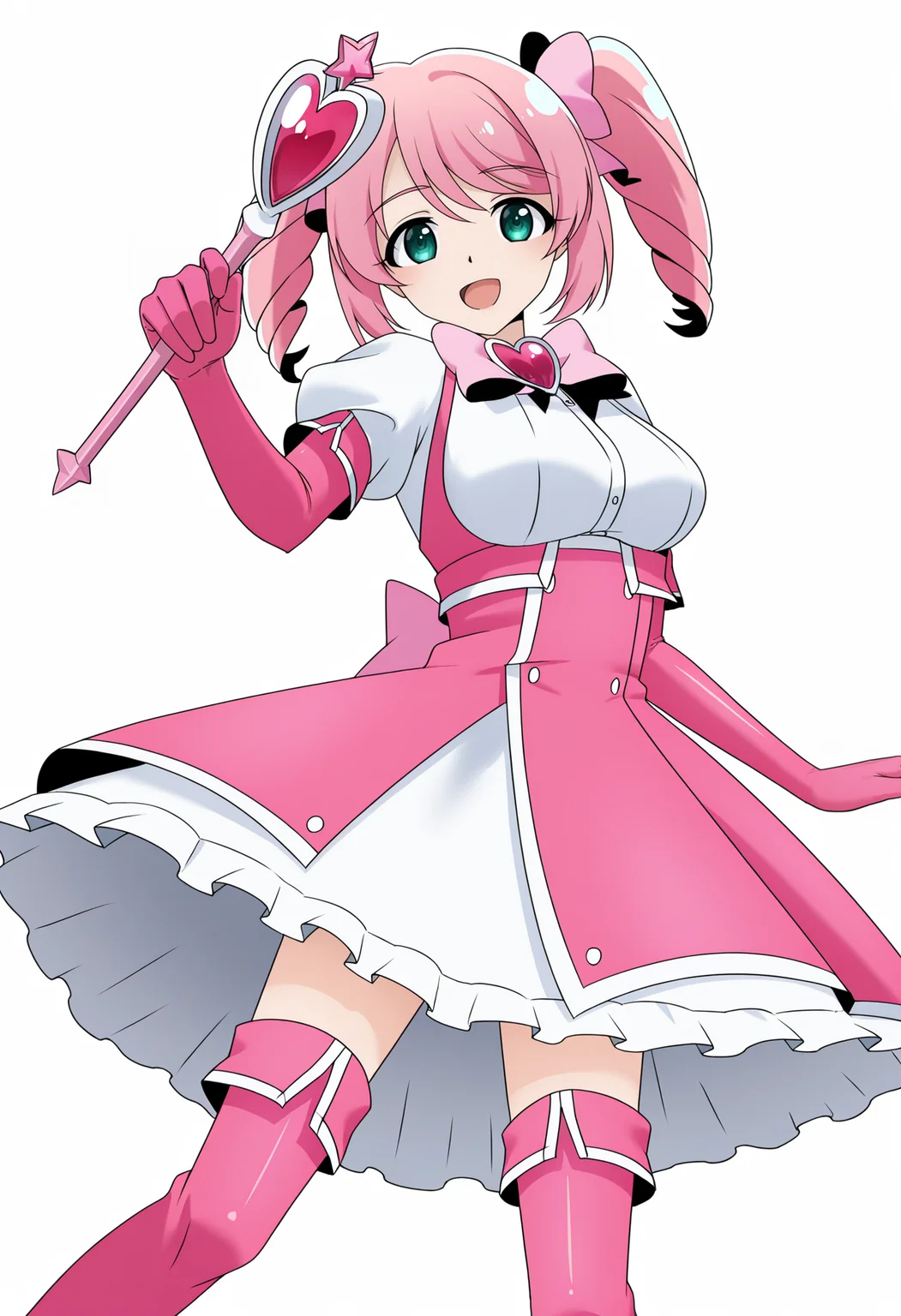 <lora:Haruka Hanabishi_illustrious-000036:1>,
Haruka Hanabishi,solo,wand,pink gloves,thighhighs,twintails,pink footwear,gloves,magical girl,bow,holding wand,thigh boots,open mouth,smile,elbow gloves,dress,pink bow,looking at viewer,holding,hair bow,simple_background,white_background,cowboy_shot,front view