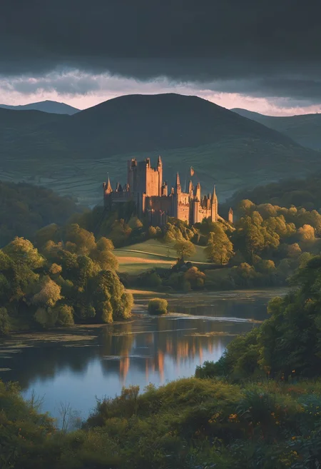 A captivating night scene illustration featuring a beautiful castle on a large  hill overlooking a lake in Wales.   The castle is ancient but well maintained and updated and comfortable to live in.  This enchanting artwork captures a serene and peaceful early morning, where the sun is just starting to rise over the beautiful hills and castle which   stands resolute amidst hills of Wales, creating a cinematic experience., illustration, cinematic
<lora:DonM3t3rn1tyXL-v1.1:0.7>, DonM3t3rn1tyXL,
OverallDetailXL  <lora:MJ52:0.3>  <lora:SDXLFaeTastic2400:0.4>  <lora:EpicF4nta5yXL:0.7>