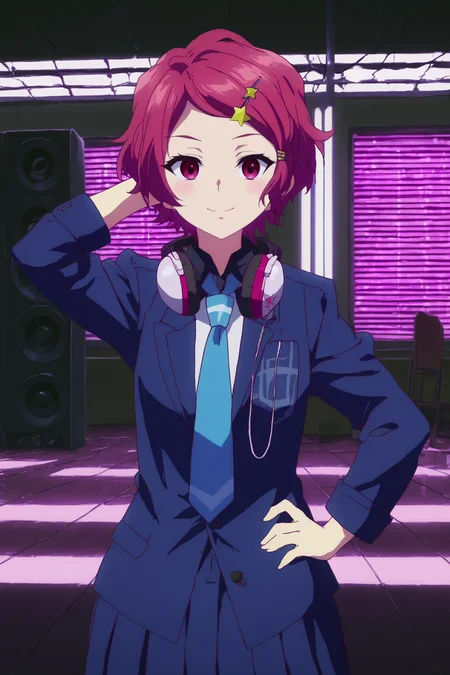koito minase,1girl,solo,smile,headphones around neck,headphones,necktie,short hair,hair ornament,hairclip,star (symbol),star hair ornament,looking at viewer,school uniform,jacket,lowlight,low light,oily skin,shiny_skin,upper body,arm behind head, hand on own hip,smile,good_hands,standing BREAK indoors,nightclub,music,lights, dancefloor, DJ, speakers,shadows,led,pink neon led <lora:Koito_Minase_-_Musaigen_no_Phantom_World.safetensors:0.8> <lora:detailed_backgrounds_v2.safetensors:0.7> <lora:lowlight.safetensors:0.7>