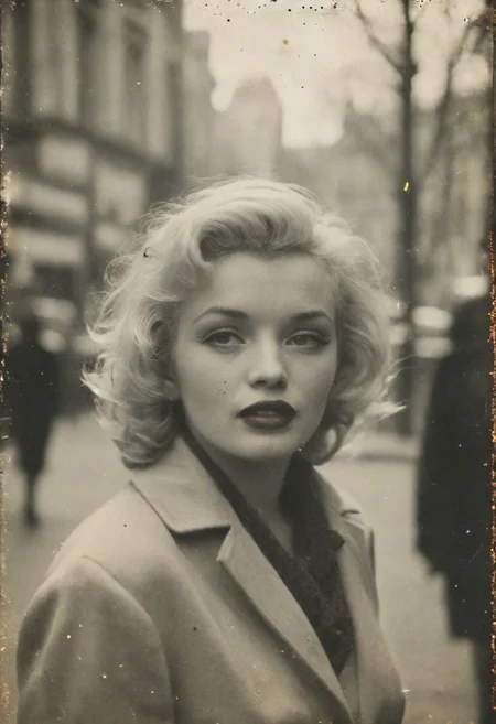 a street photography snapshot of Marylin Monroe, shallow depth of field, highly detailed, bokeh, film grain, ward winning photo