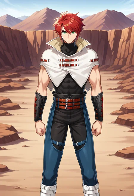 1boy, solo, forukashura, muscular, red hair, short hair, green eyes, capelet, high collar, bracer, sleeveless shirt, sleeveless, turtleneck, belt, pants, chaps, knee boots, outdoors, quarry, standing, serious, straight-on, arms at side,