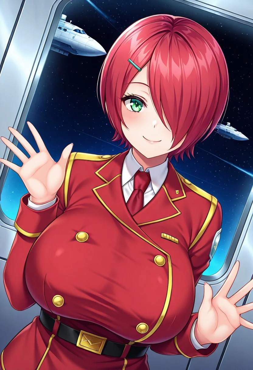 general,highres, ultra-detailed,very aesthetic,best quality ,best hands,best eyes,easynegative,
dynamic anglre, dutch angle, anime cloring,
1girl solo,looking at viewer,space ship,indoors,smile,waving hand,
Rita Screter,red hair,short hair,hair over one eye,green eyes,huge breasts,hairclip,militaly uniform,