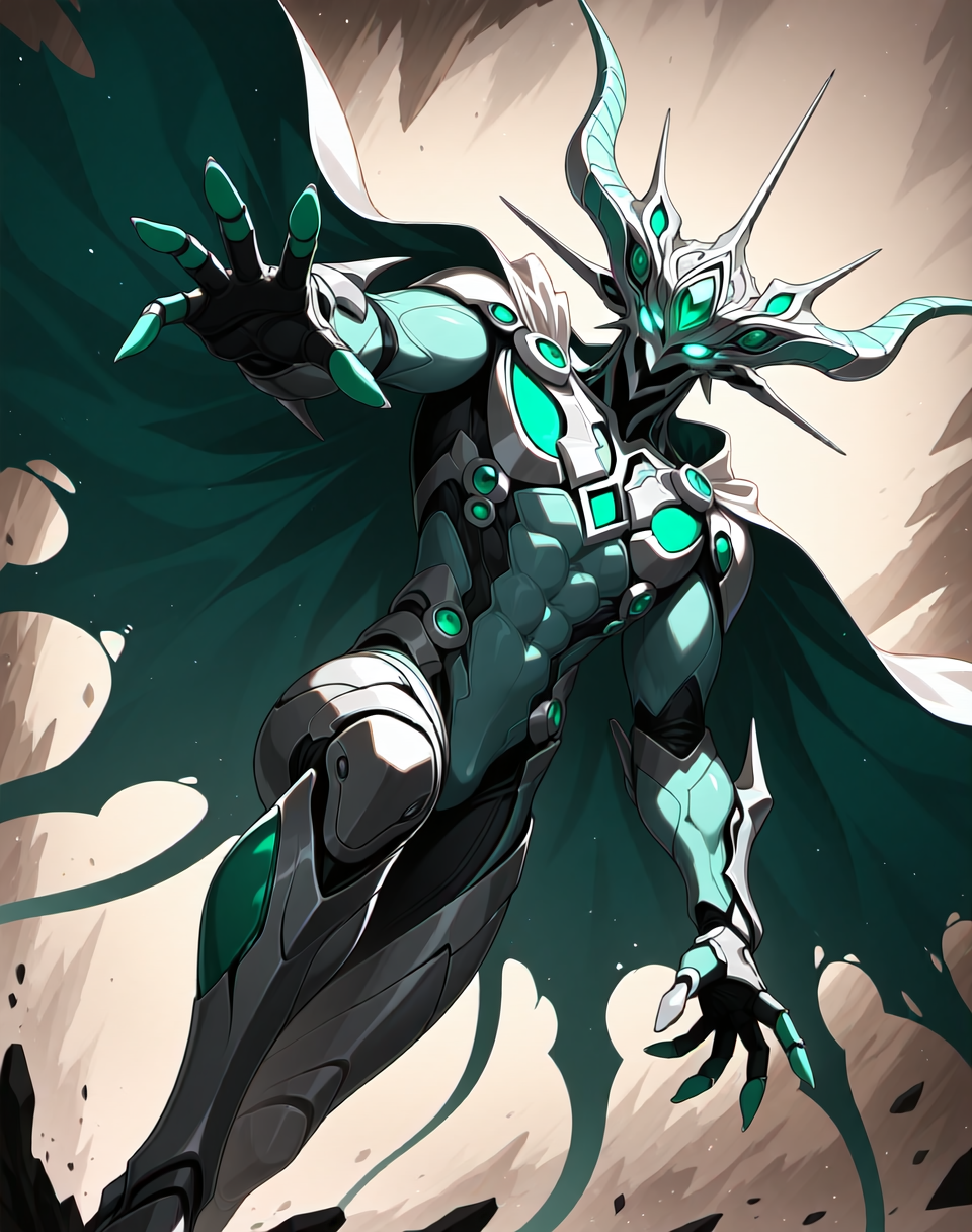 perfect depth of field shot, masterpiece, beautiful, sharp focus, crisp details, 
<lora:Zoalord_(Guyver)_(Illustrious)_(AD):1> Zoalord, Guyver, monster, 
((dynamic action, dynamic perspective, dutch angle, bent knee, cowboy shot, ):1.5), 
((blue and green and silver colored body, wearing a cape, detailed face and eyes, ):1.5), glowing eyes, solo, bioboosted body, biomechanical, end boss, perfect form, perfect proportions, abs, regal and strong, imposing, presence demands respect and deference, gradient style anime coloring,   
BREAK Smooth Quality, IllusP0s, lazyhand, lazympos, lazynsfw,