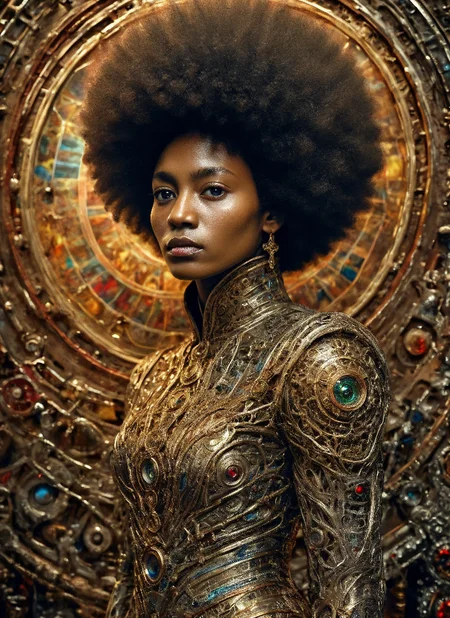 photo of Hyper realistic art Wonderful, intricate, (colorful, Afrofuturism art, a metal dress in pure gold), black woman, very dark skin, beautiful hazel eyes, large round afro, bright colors, alchemist, cinematic, 35mm film, 35mm photography, film, photo realism, DSLR, 8k uhd, hdr, ultra-detailed, high quality, high contrast, ((full body side View)), raw, photo, realistic<lora:detailed_notrigger> <lora:Pony_DetailV1.0> <lora:PonyLargeRoundAfro> <lora:Black_Woman_v3_e6>