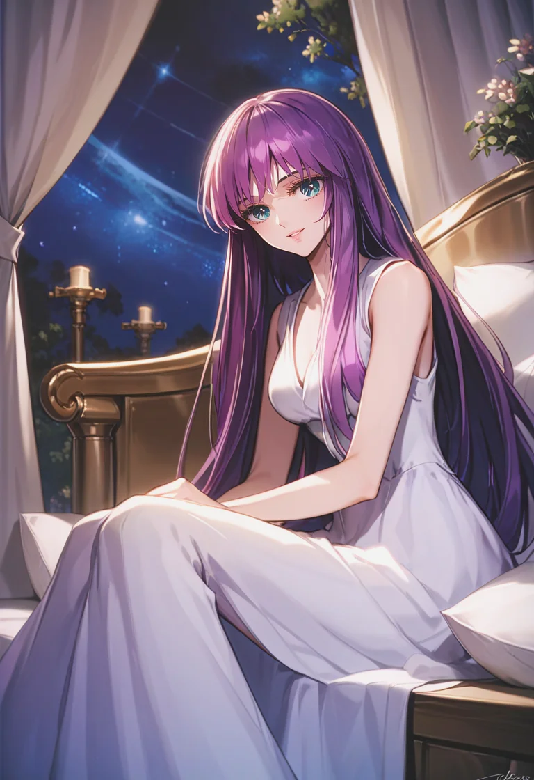 score_9, score_8_up, score_7_up, best quality, intricate details, source anime, rating explicit, BREAK
sitting on stairs, stairs, love gaze, blush, parted lips, light smile, head tilt,
athenakido, purple hair, long hair, aqua eyes, bangs, sleeveless dress, <lora:SaoriKido_Pony_v02-10:1>
canopy bed, ethereal, night, starry sky, volumetric light, bedroom, cushions