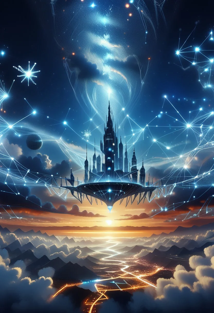 starry_morph floating city, clouds, night sky, multicolored, masterpiece, high details, high quality,