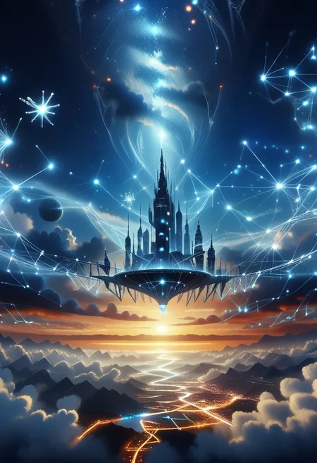 starry_morph floating city, clouds, night sky, multicolored, masterpiece, high details, high quality,